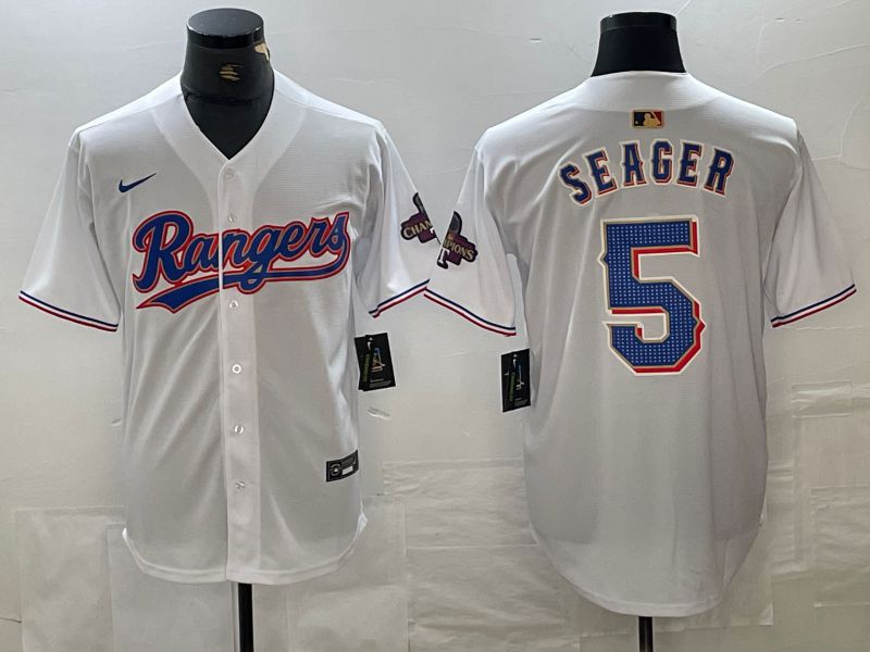 Men Texas Rangers 5 Seager White Champion Game Nike 2024 MLB Jersey style 1